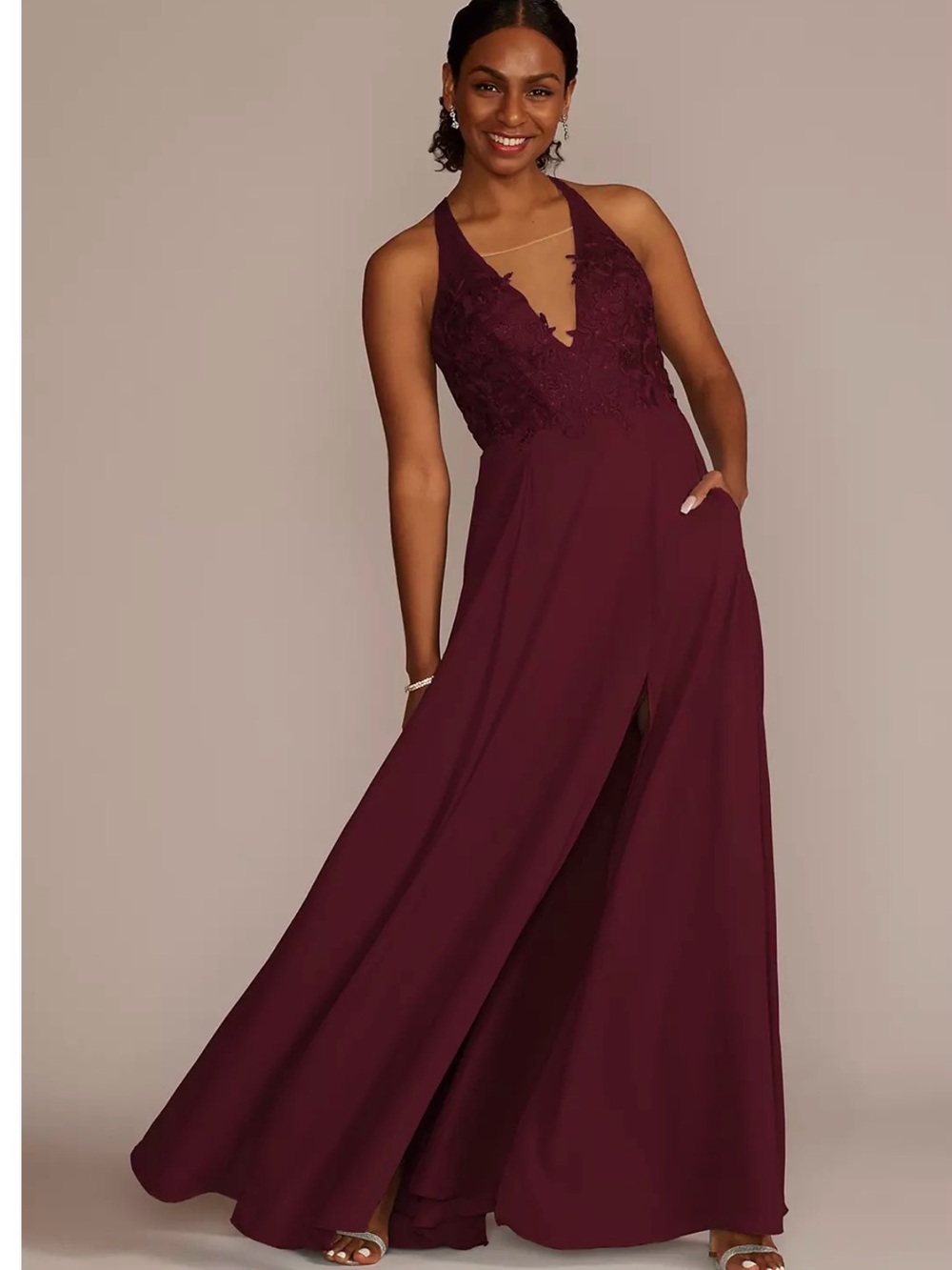 V-Neck Lace Bodice Prom Gown in Wine